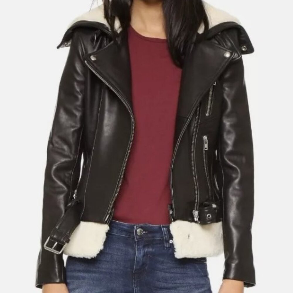 EU 40 ❤️ IRO Kolia Black Leather And Shearling Fur Biker Riding Moto Jacket